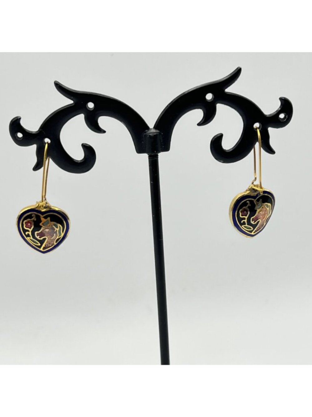 Heart-Shape Cloisonné Earrings Unicorn Gold-Tone Double-Sided Cobalt Blue Black - Picture 7 of 10